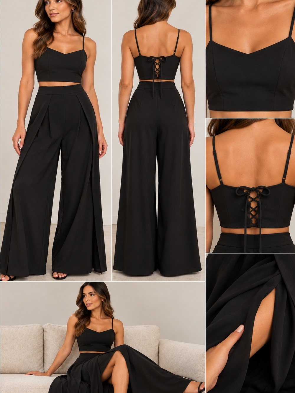 Lulus Black Lace-Back Crop Top & Wide-Leg Pants Set
